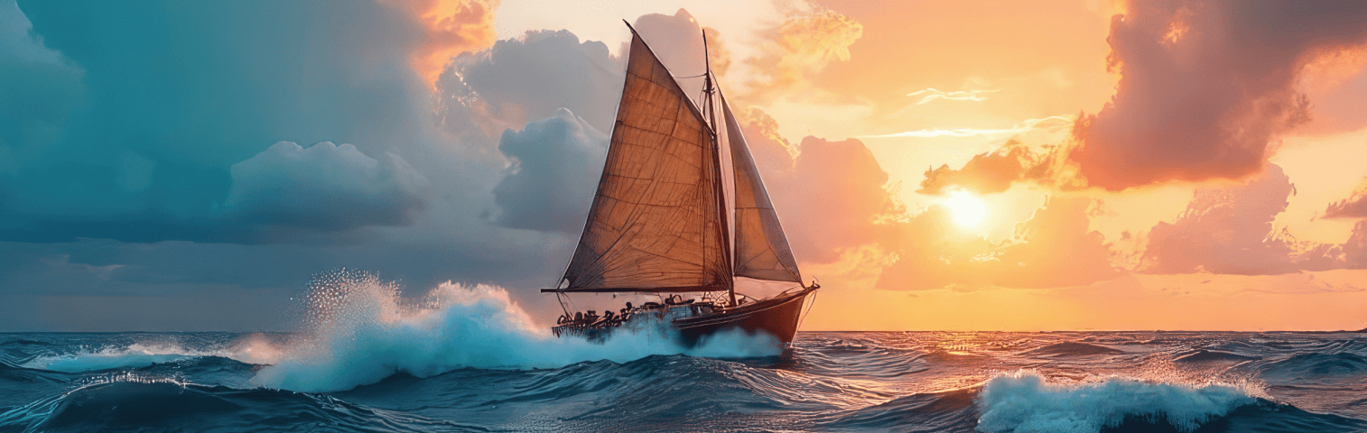 Segelboot auf rauer See bei Sonnenuntergang, spritzende Wellen – maritime Reise, Abenteuer und Freiheit